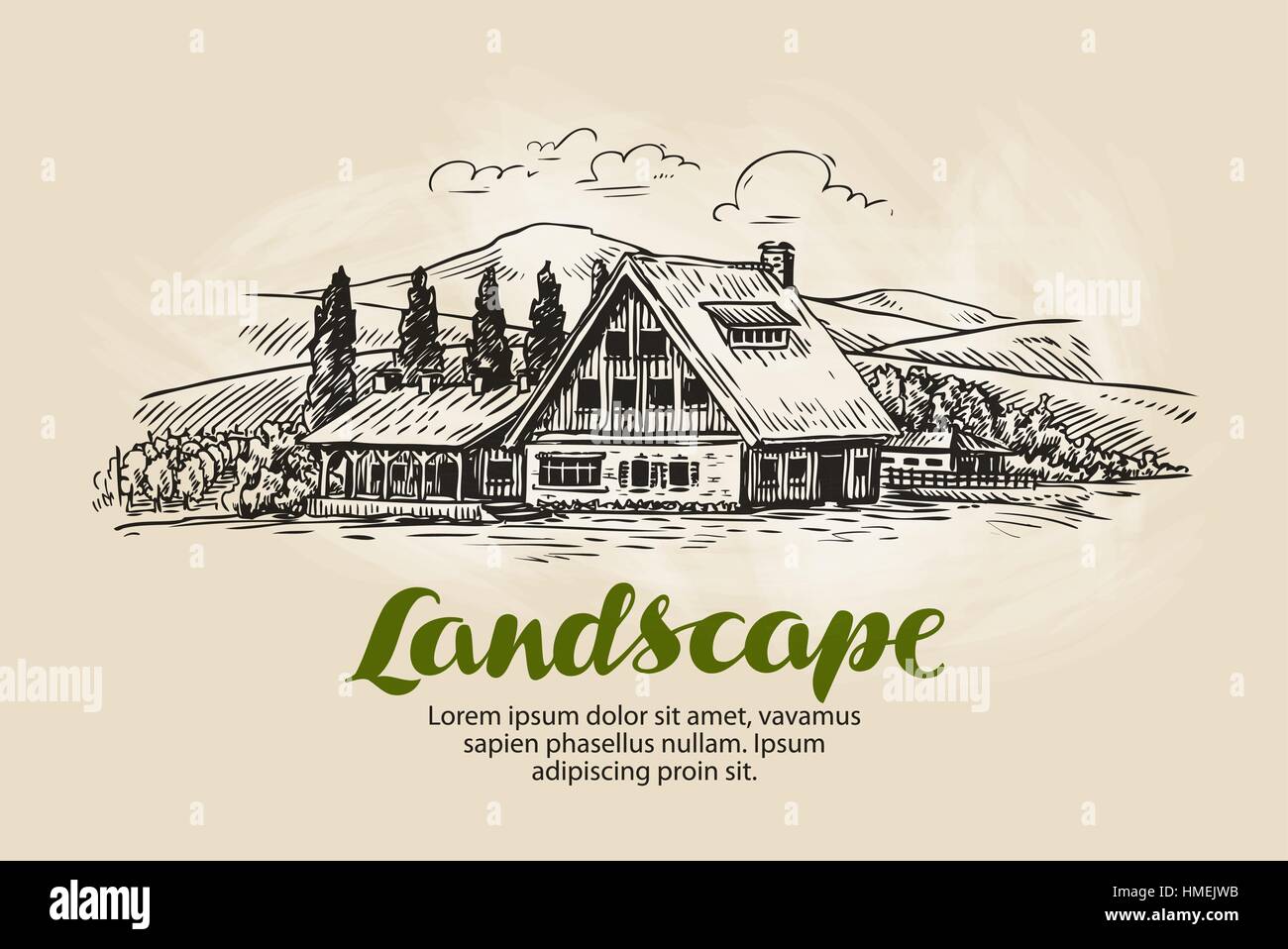 Paesaggio rurale sketch. Agriturismo, country house, cottage illustrazione vettoriale Illustrazione Vettoriale