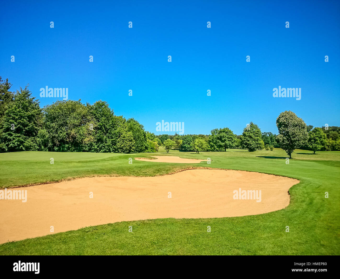 Campo da golf, naturale verde prato con alberi e cielo blu Foto Stock