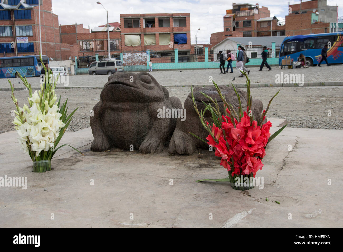 Calcestruzzo rane o rospi rappresentano buona fortuna nella visione del mondo Aymaran con fiori rossi e bianchi di fronte a loro nella La Ceja, La Paz, Bolivia. Foto Stock