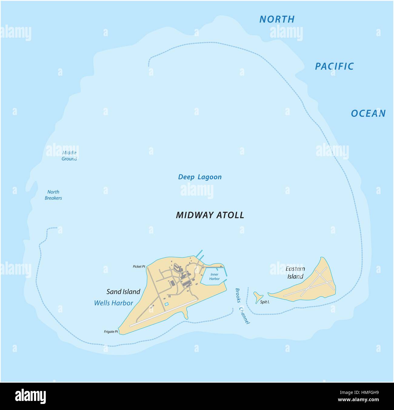 Mappa di Midway Atollo del Nord Oceano Pacifico Illustrazione Vettoriale