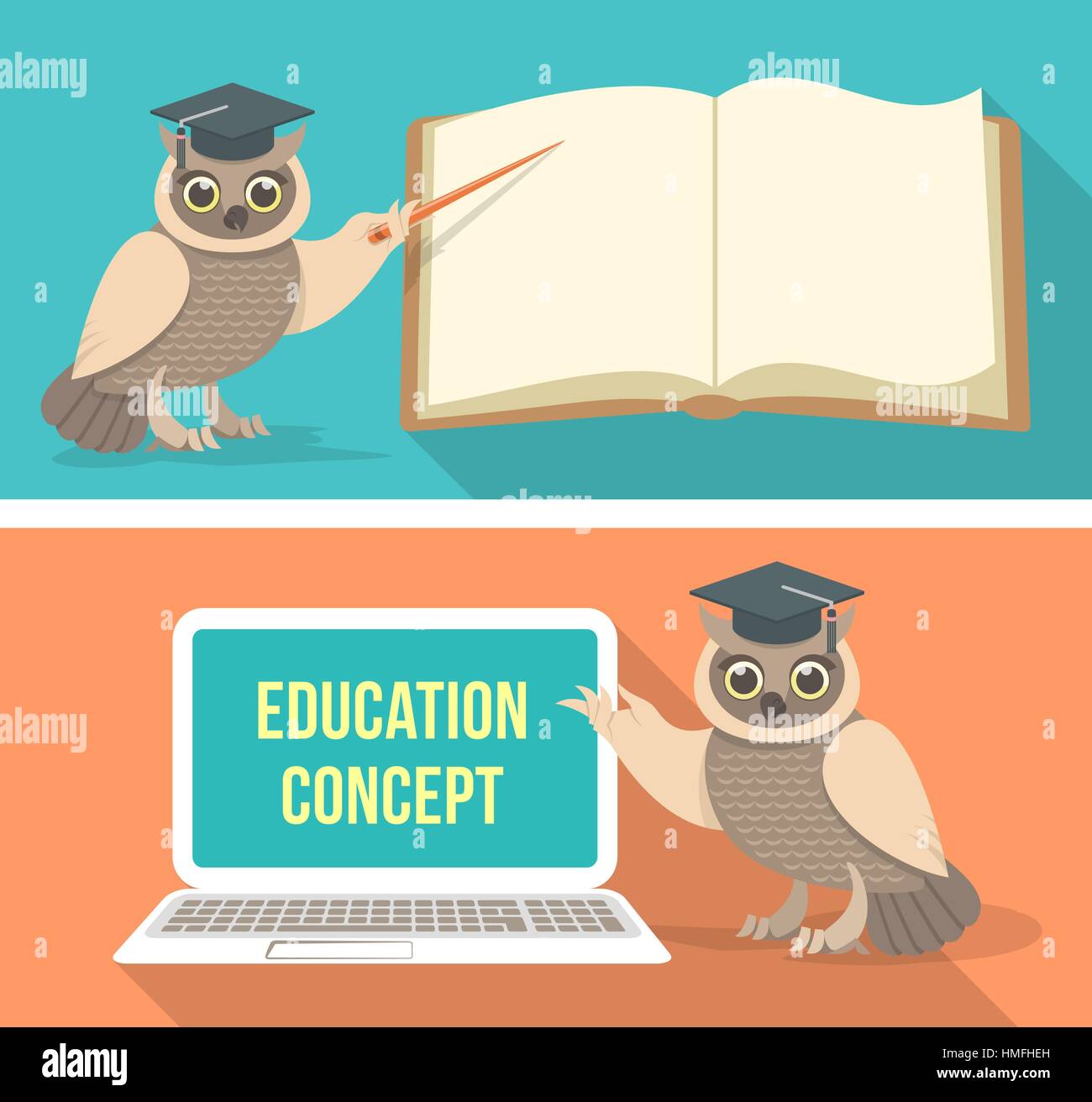 Appartamento moderno orizzontale concettuale illustrazioni vettoriali di istruzione con un gufo sapiente che punti a un libro e un computer. Scuola di banner. Illustrazione Vettoriale