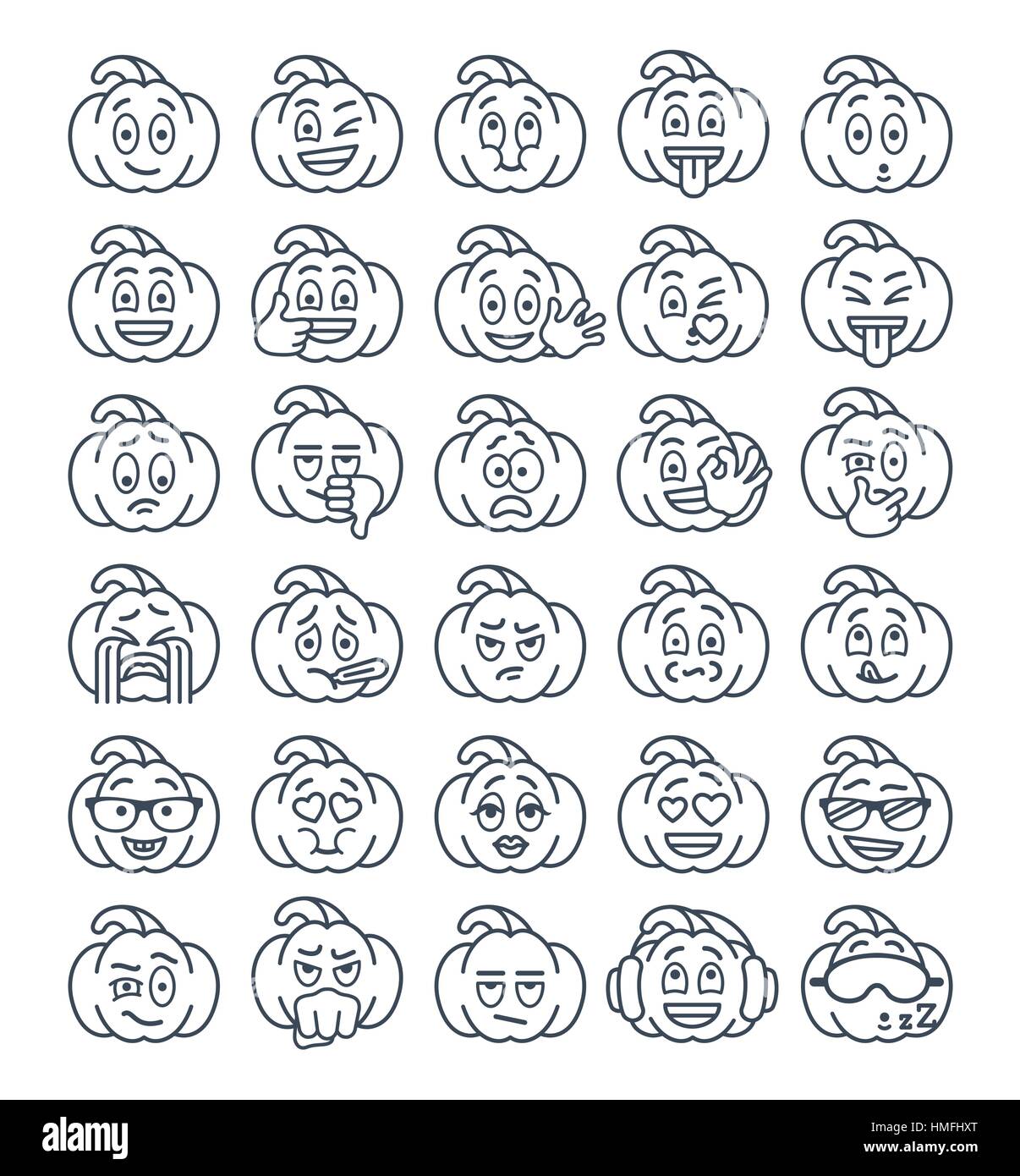 Zucca di Halloween linea sottile gli Emoji emoticon. Linear Smiley face simbolo vacanze piana icone vettoriali. Trattamento viso emozioni ed espressioni. Simpatico personaggio umore Illustrazione Vettoriale