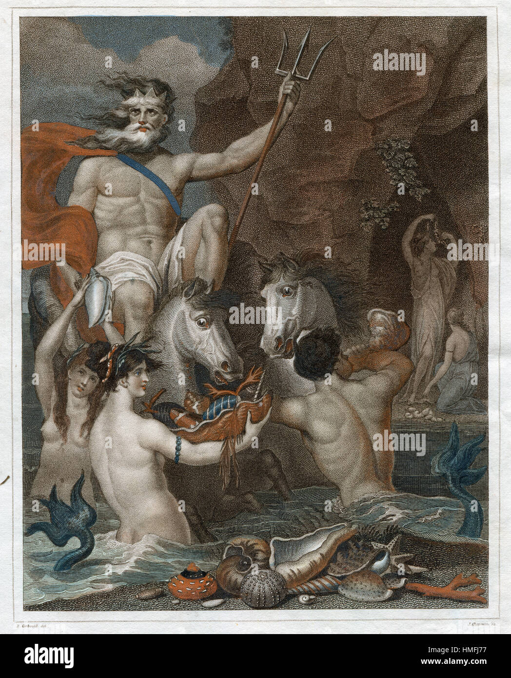 Nettuno o POSEIDON costruito di un CHAMA GUSCIO,disegnato da cavalli marini. Un soffiaggio MERMAN CONCH tromba. Foto Stock