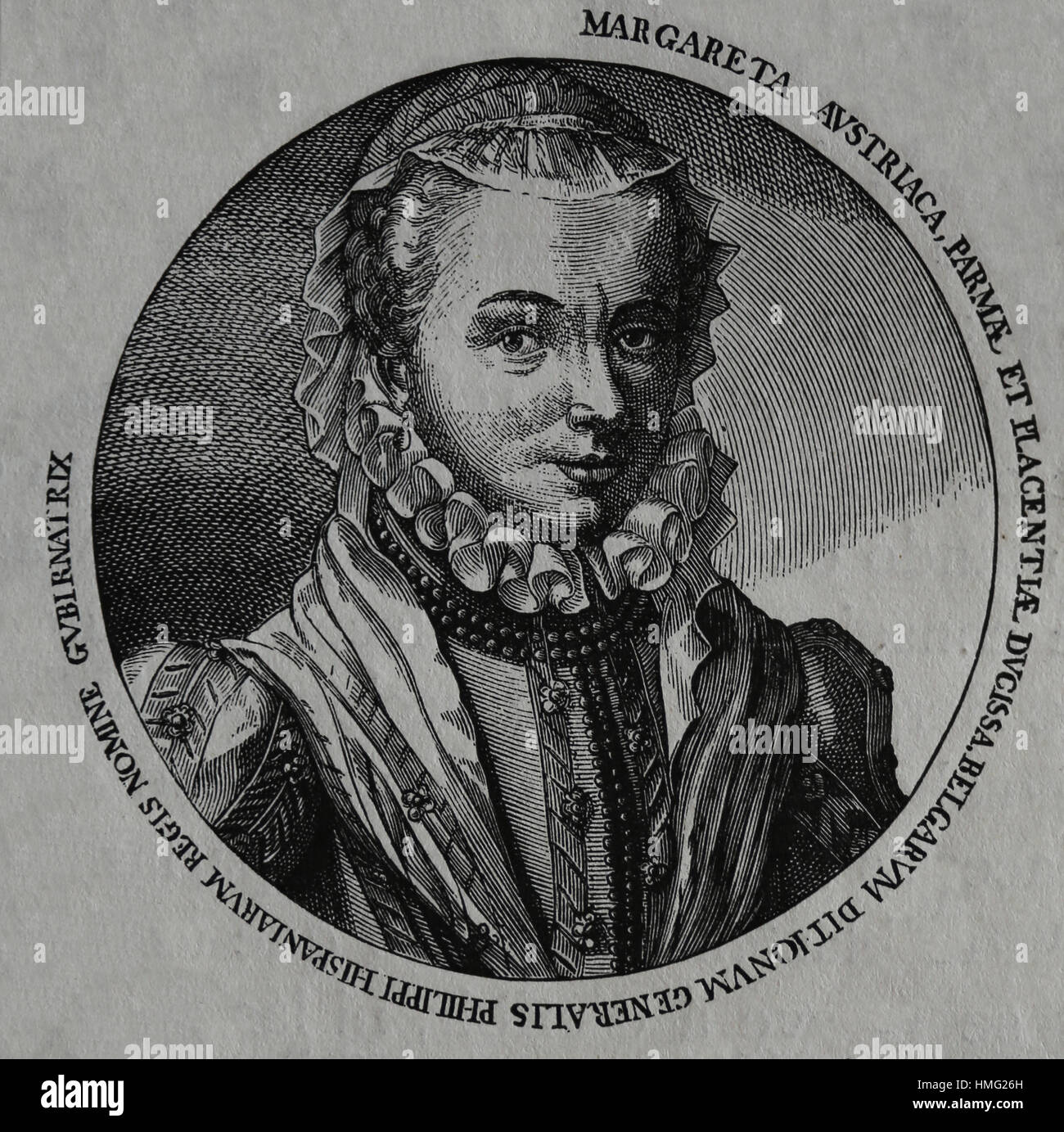Margherita di Parma (1522-1586). Governatore dei Paesi Bassi. Figlia illegittima di Carlo V e Johanna Maria van der Gheynst. Incisione. Ritratto. Foto Stock