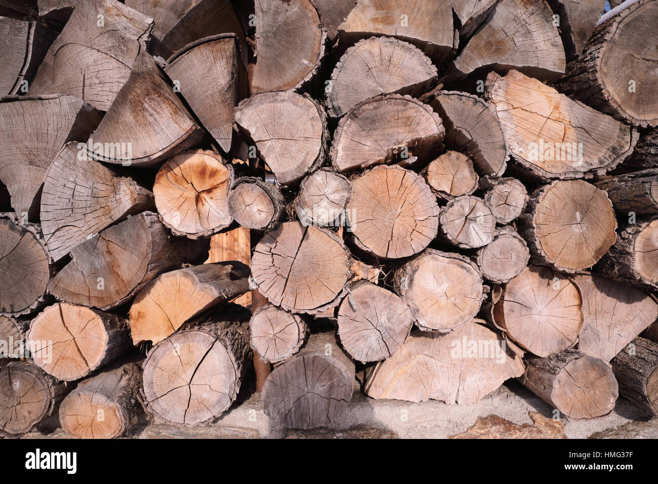 Modello di legno marrone log texture di sfondo. Pila di ciocchi di legna / Legname texture. Splendidamente strutturata di pezzi di legno secco, adatto per il riscaldamento a t Foto Stock