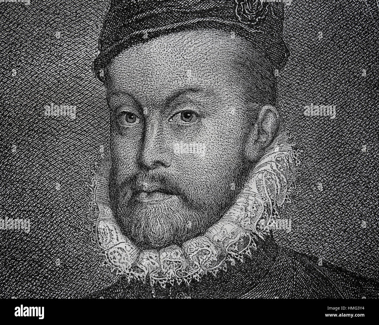 Filippo II di Spagna (1527-1598). Ritratto. Incisione. Xix secolo. Casa degli Asburgo. Foto Stock