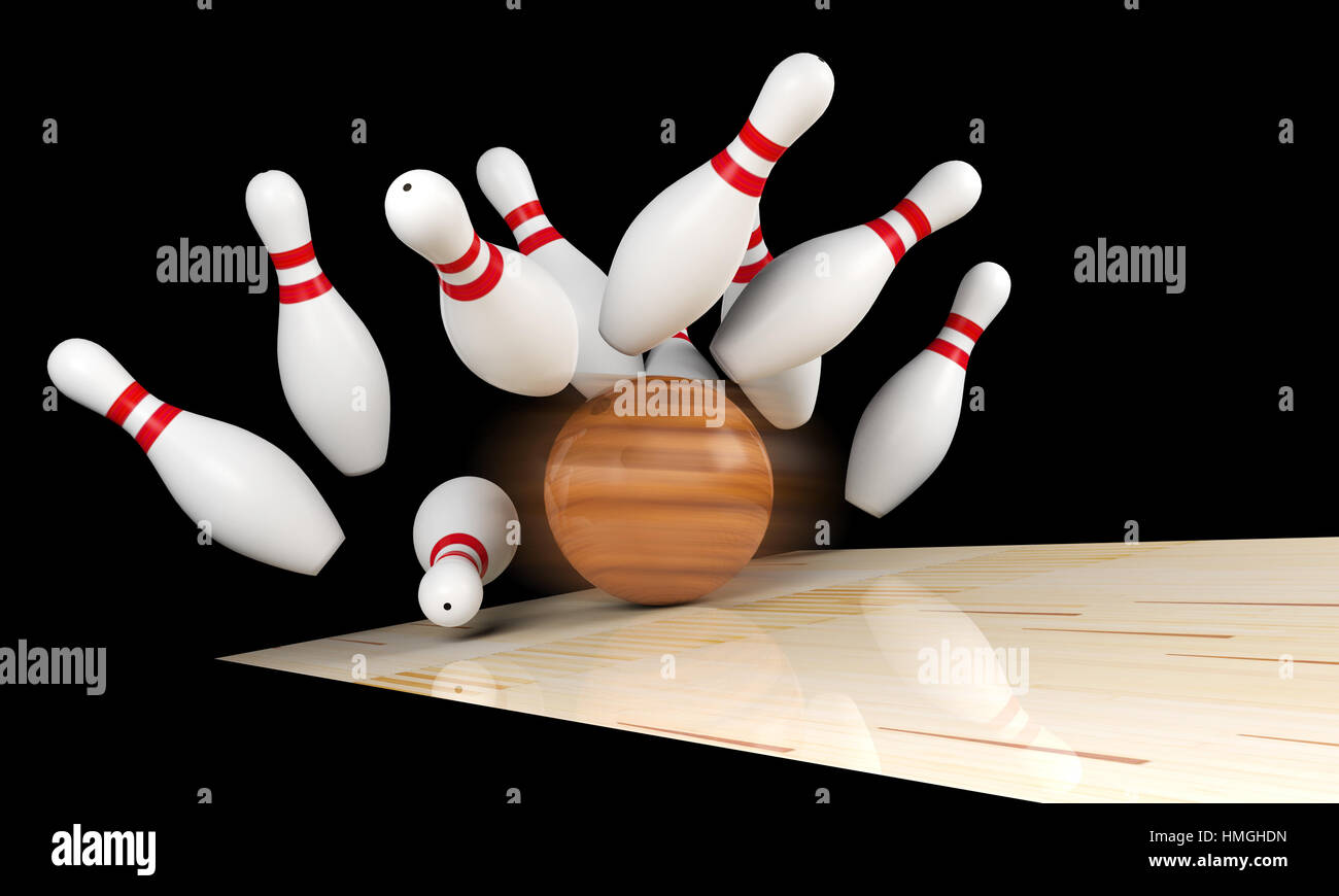 Bowling strike, sparse chiglia e palla da bowling sulla pista da bowling con motion blur su palla da bowling, rendering 3D Foto Stock