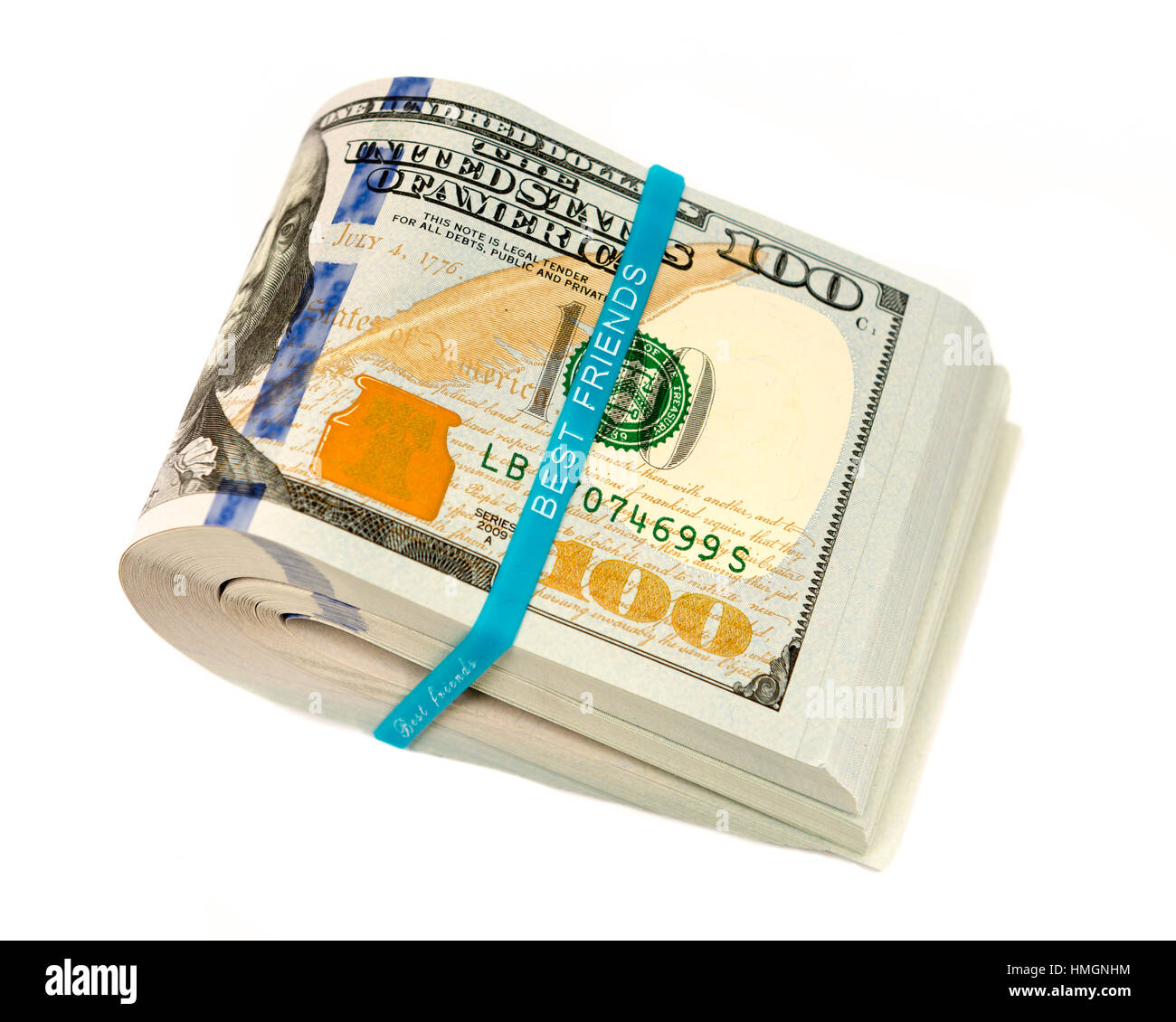 Pila di soldi in dollari in contanti in centinaia di fatture del dollaro Foto Stock