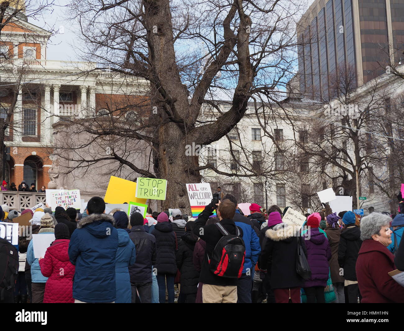 La protesta contro la recente divieto di viaggio del presidente trump a Boston, MA Foto Stock