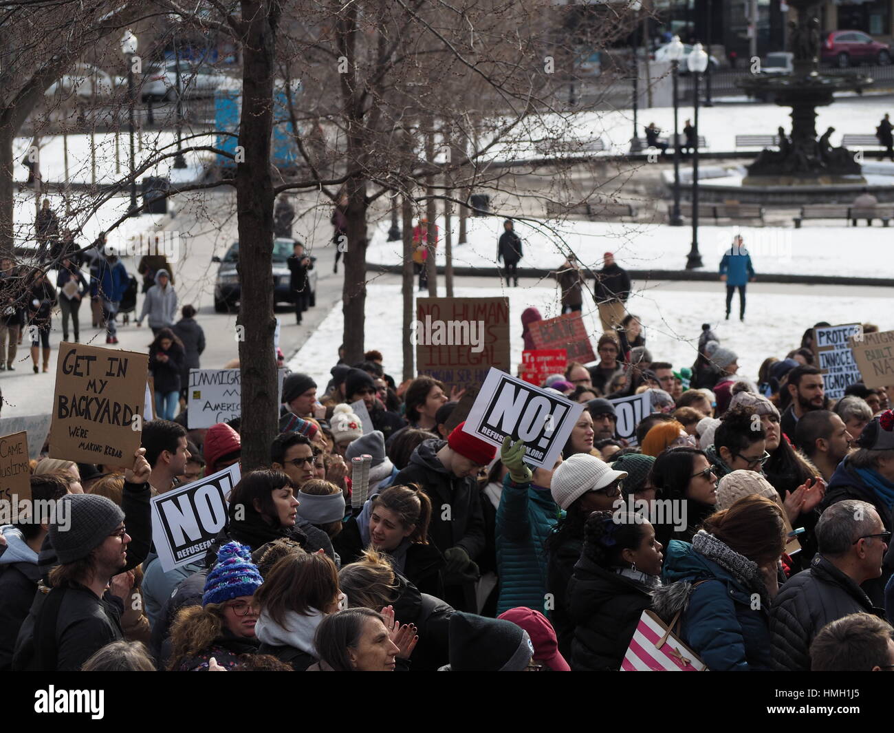 La protesta contro la recente divieto di viaggio del presidente trump a Boston, MA Foto Stock