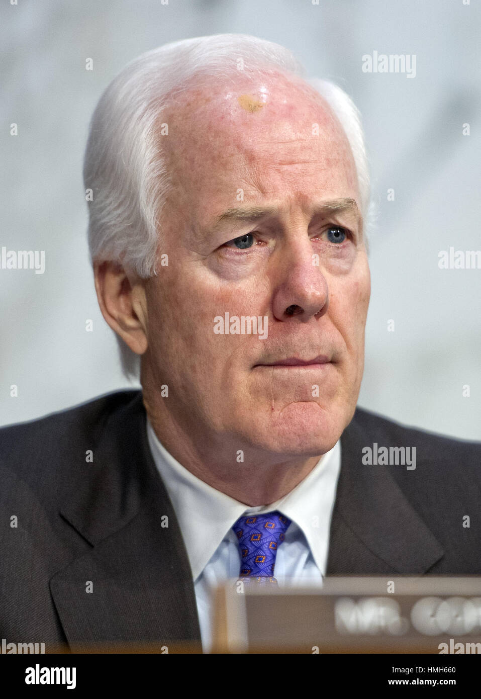 Washington, Distretto di Columbia, Stati Uniti d'America. 28 gen, 2015. Stati Uniti il senatore John Cornyn (Repubblicano del Texas) ascolta come Loretta Lynch, Stati Uniti avvocato per il distretto orientale di New York, Stati Uniti Dipartimento di Giustizia, Brooklyn, NY testimonia prima di Stati Uniti Comitato del Senato sulla magistratura per confermare la sua nomina come Stati Uniti Il procuratore generale al Campidoglio di Washington DC su Mercoledì, 28 gennaio 2015. Lei sarà la sostituzione di U.S. Il procuratore generale Eric Holder. Photo credit: Ron Sachs/CNP/AdMedia Credito: Ron Sachs/AdMedia/ZUMA filo/Alamy Live News Foto Stock