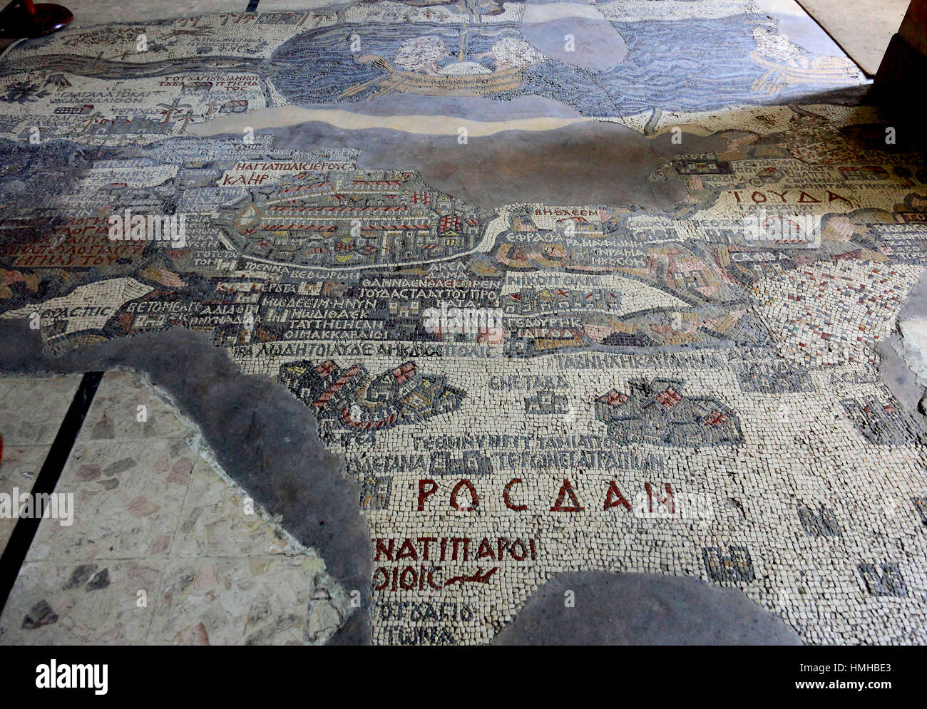 La Carta di Madaba, Madaba, parte di un pavimento a mosaico, all'inizio la chiesa bizantina di San Giorgio a Madaba, Giordania Foto Stock