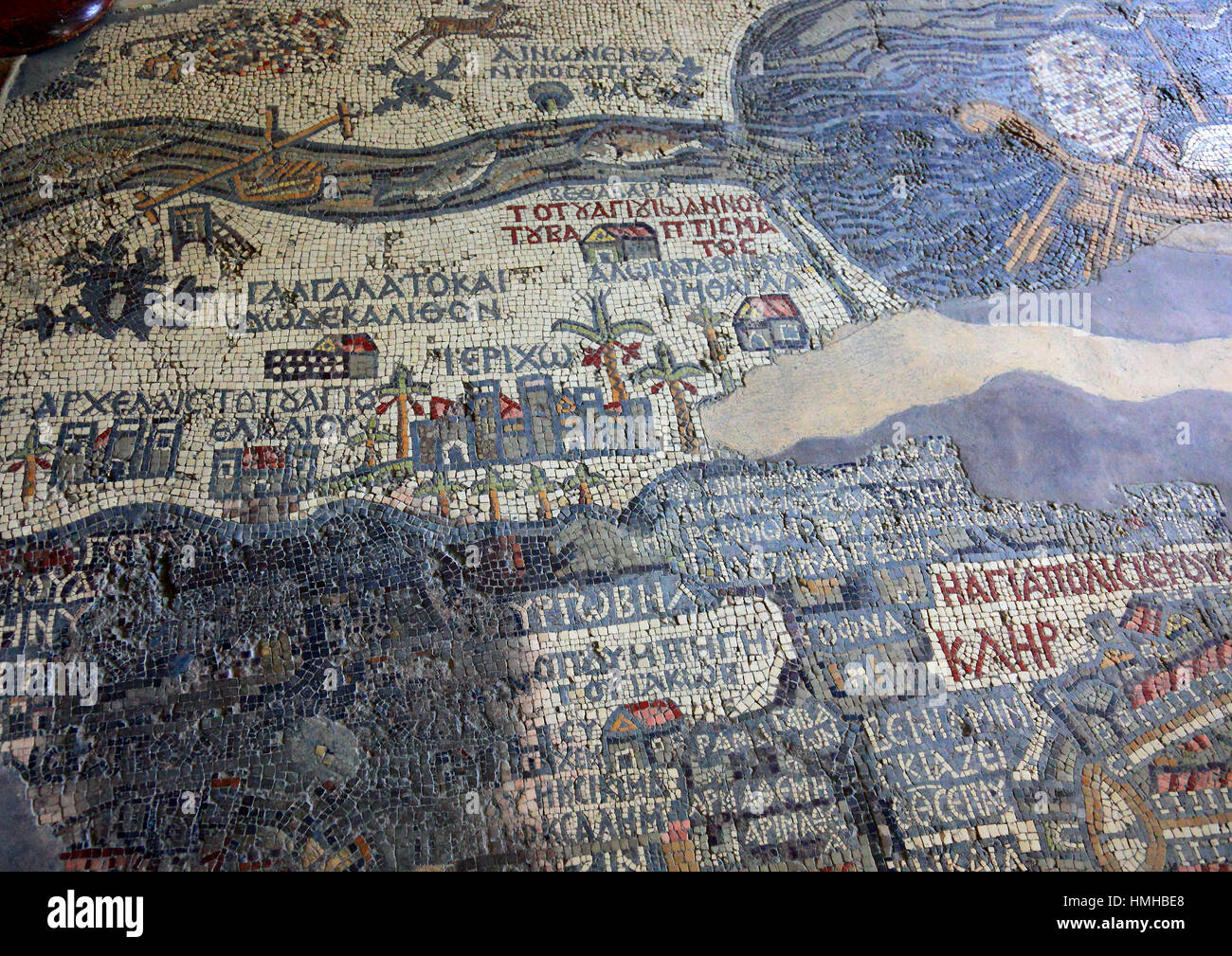 La Carta di Madaba, Madaba, parte di un pavimento a mosaico, all'inizio la chiesa bizantina di San Giorgio a Madaba, Giordania Foto Stock