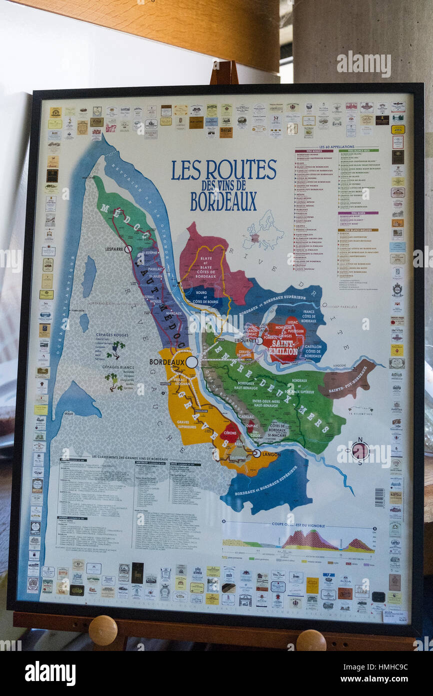 Mappa del vino di Bordeaux Foto Stock