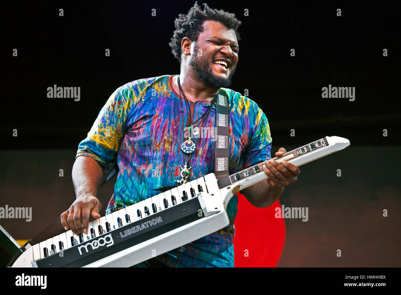BRANDON COLEMAN gioca tastiera per KAMASI WASHINGTON esecuzione alla 59a Monterey Jazz Festival - California Foto Stock