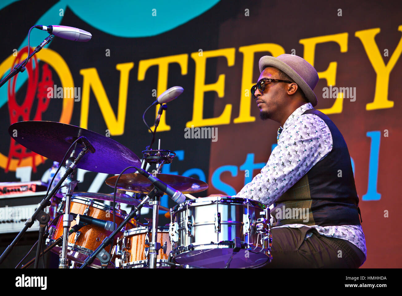 EMANUEL HARROLD sui tamburi di Gregory porter cantare sul Jimmy Lyons stadio durante la 59a MONTEREY JAZZ FESTIVAL - California Foto Stock