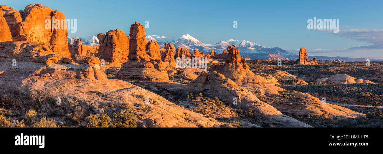 Caldo tardo pomeriggio di sole luci di posizione le formazioni rocciose nel giardino di Eden, con la sezione di Windows dietro nel Parco Nazionale di Arches, Utah Foto Stock
