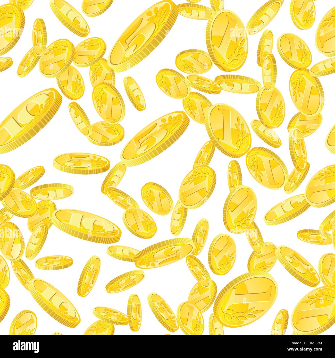 Modello senza cuciture con monete doro casualmente posizionati su sfondo bianco. Denaro pioggia oro ripetendo la texture in EPS8 vettore. Illustrazione Vettoriale