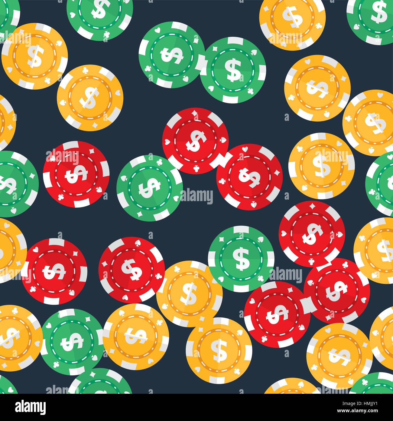 Casino Gambling chips casualmente posizionati su solido scuro dello sfondo. Vector seamless pattern. Ripetere la texture in EPS8 formato. Illustrazione Vettoriale