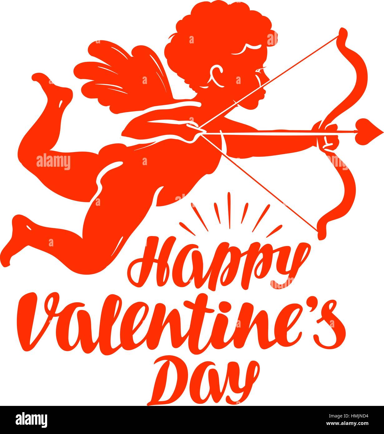 Buon San Valentino, biglietto di auguri. Angelo volante o cupido con arco e frecce. Illustrazione di vettore isolato su sfondo bianco Illustrazione Vettoriale