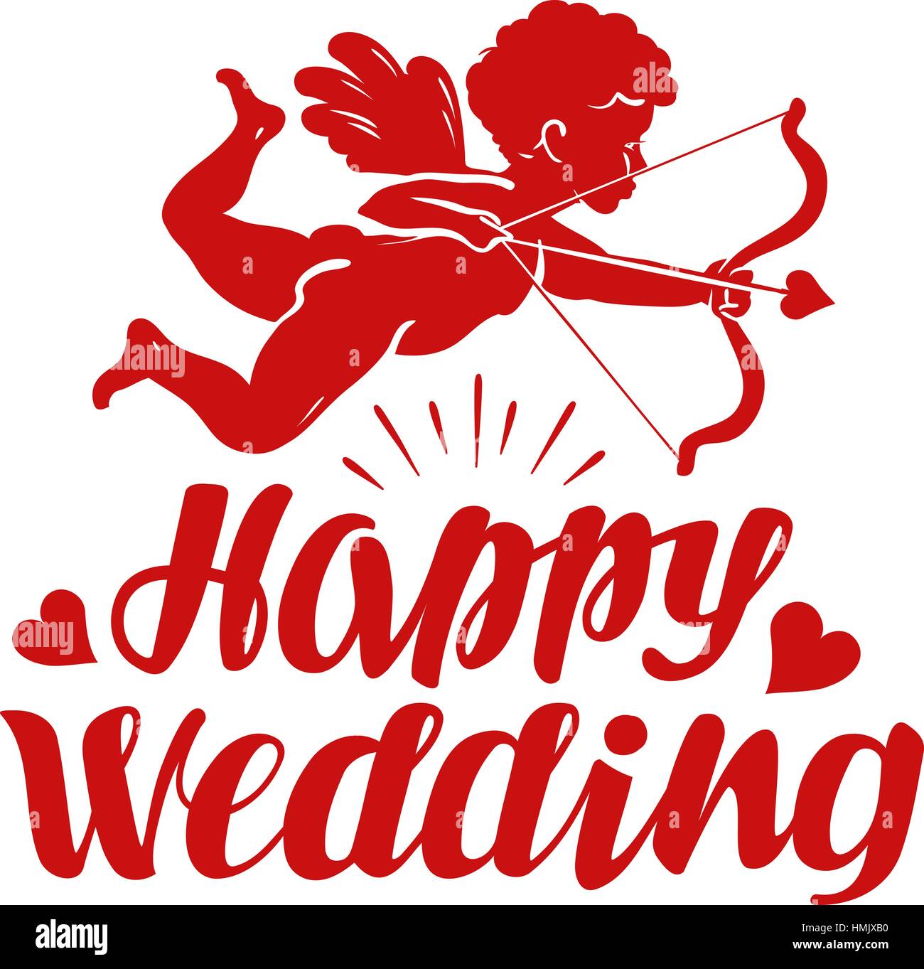 Felice matrimonio, biglietto di auguri. Flying angelo cherubino o cupido con arco e frecce Illustrazione Vettoriale