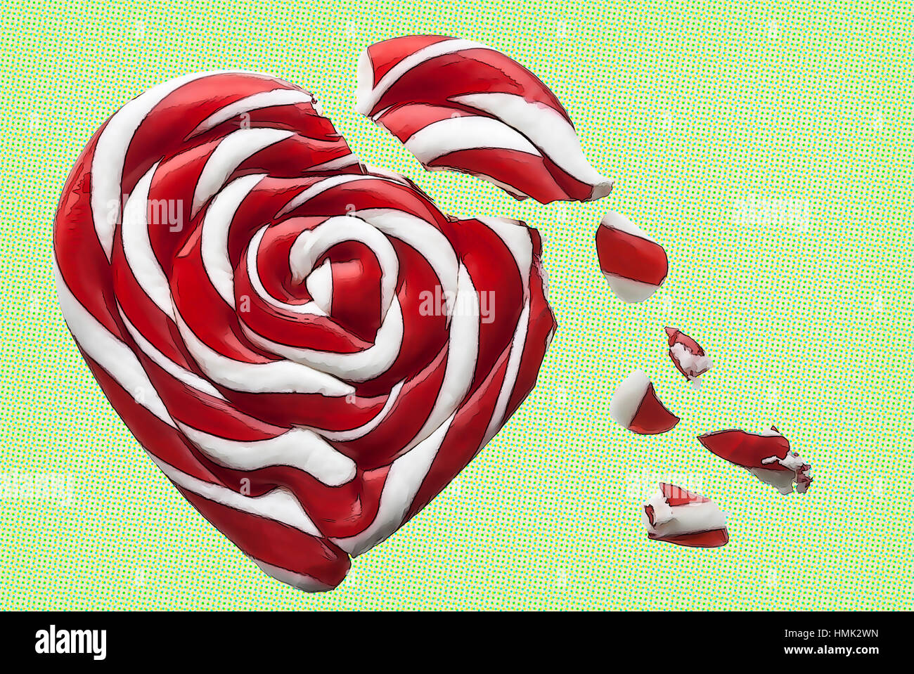 Rotto il bianco e il rosso candy cuore sul verde sfondo retrò con spazio di copia Foto Stock