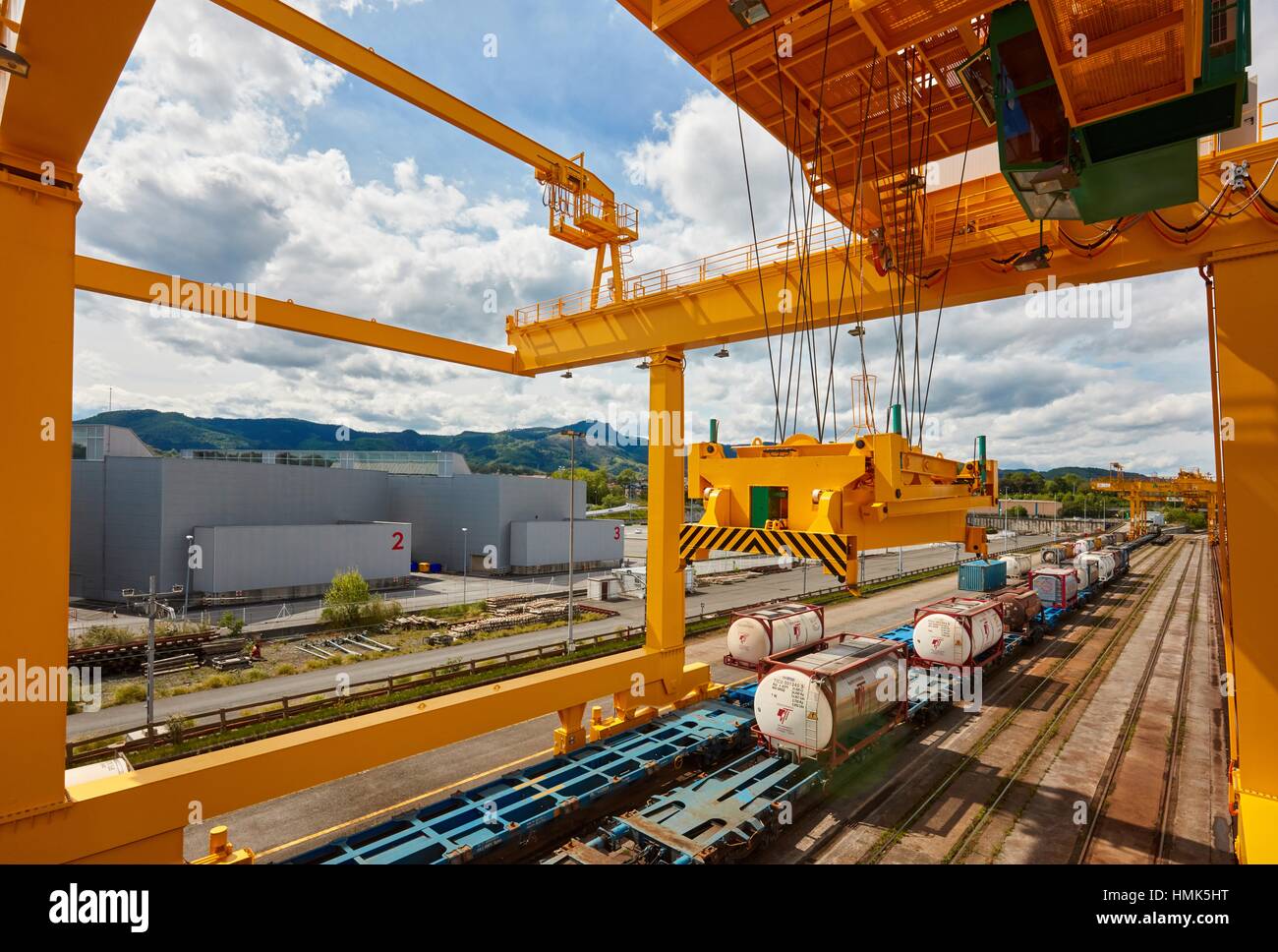 Gantry Crane. Logistica Ferroviaria centro. Spain-France confine. Irun. Gipuzkoa. Paese basco. Spagna. Foto Stock