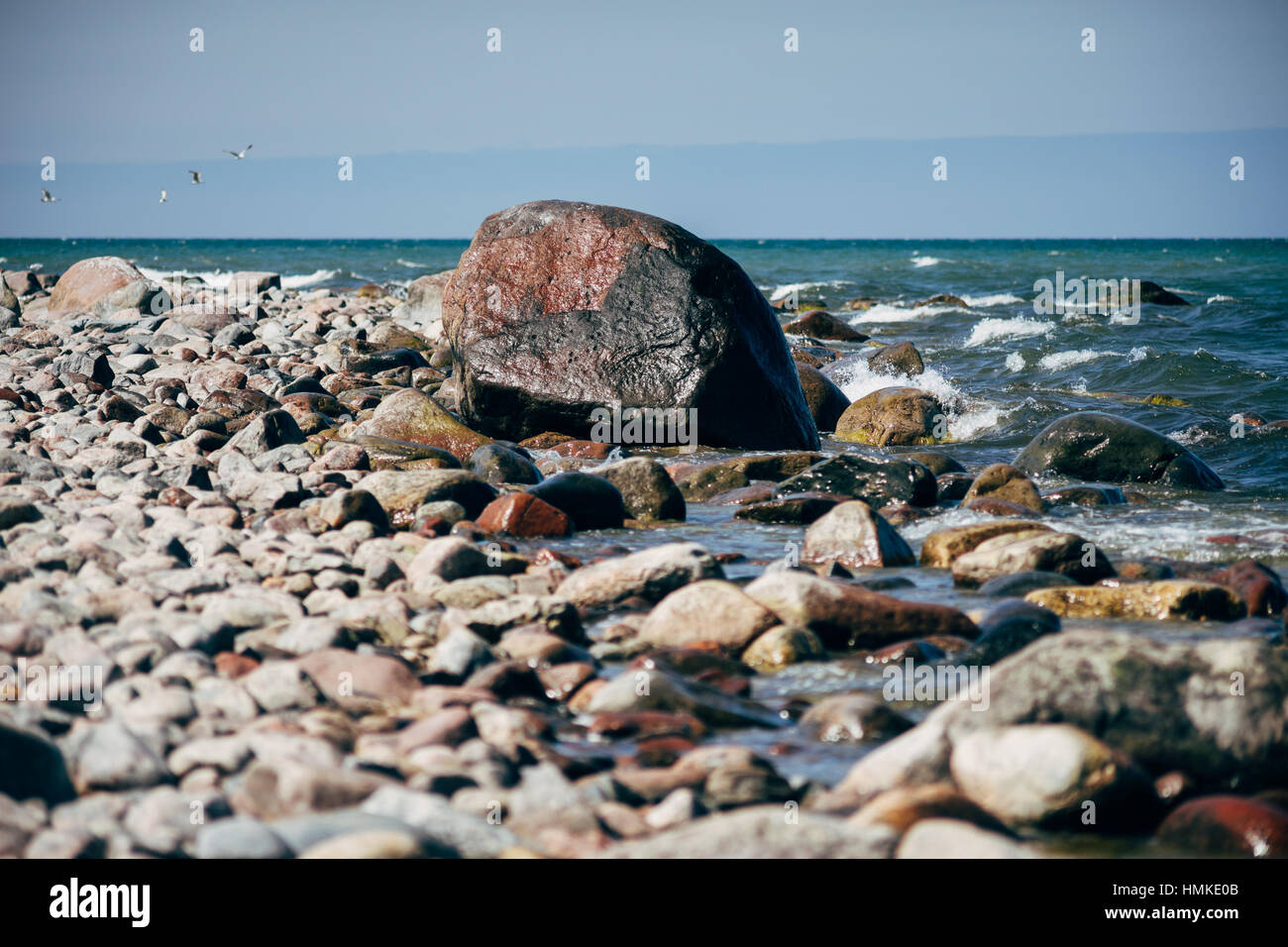 Stony costa del Mar Baltico, il fuoco selettivo sulla grande pietra Foto Stock