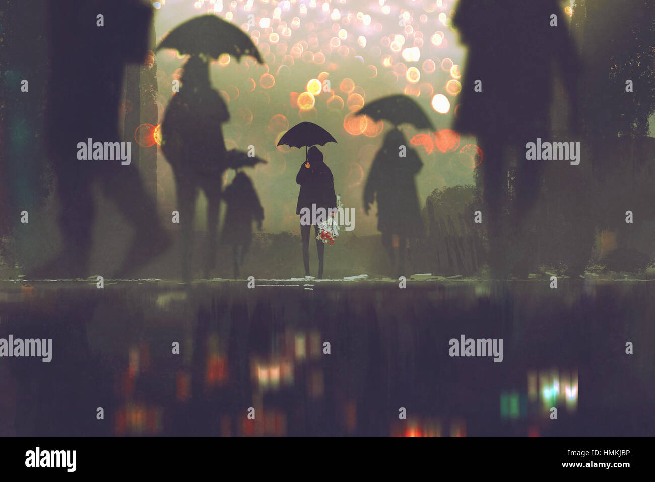 Uomo con bouquet di fiori ombrello tenuta in piedi da solo in una folla di persone che attraversano la strada a una notte piovosa, illustrazione pittura Foto Stock