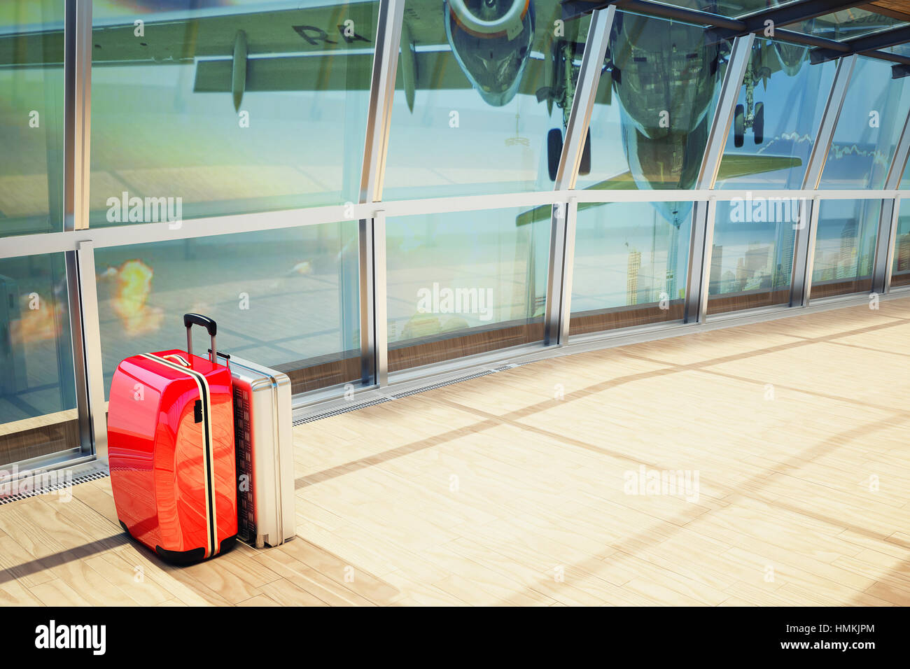 Pila di viaggio bagagli nel terminal aeroportuale e il passeggero aereo sopra edificio in città Foto Stock