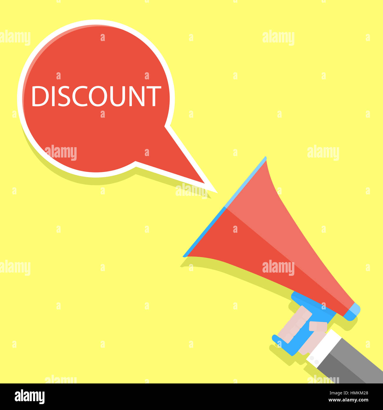 Annuncio di sconto. Urla megafono. Attenzione un banner o un poster pubblicitari. Illustrazione Vettoriale Foto Stock