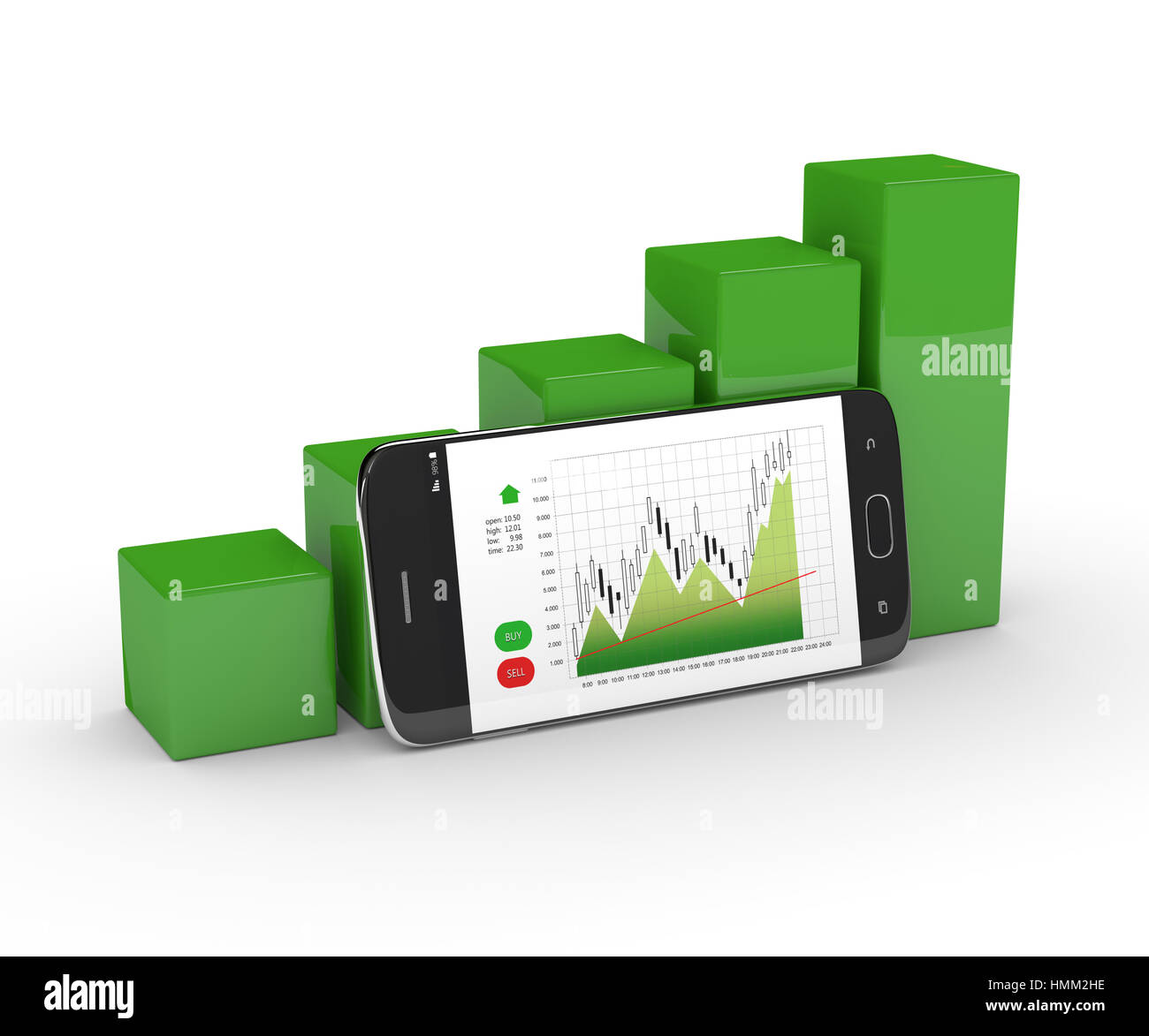 3D rendering grafico di crescita con il telefono cellulare isolato su bianco Foto Stock