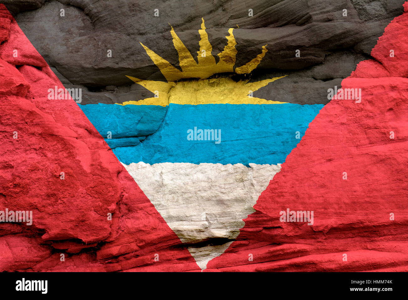 Bandiera di Antigua e Barbuda dipinta su una pietra arenaria tock Foto Stock