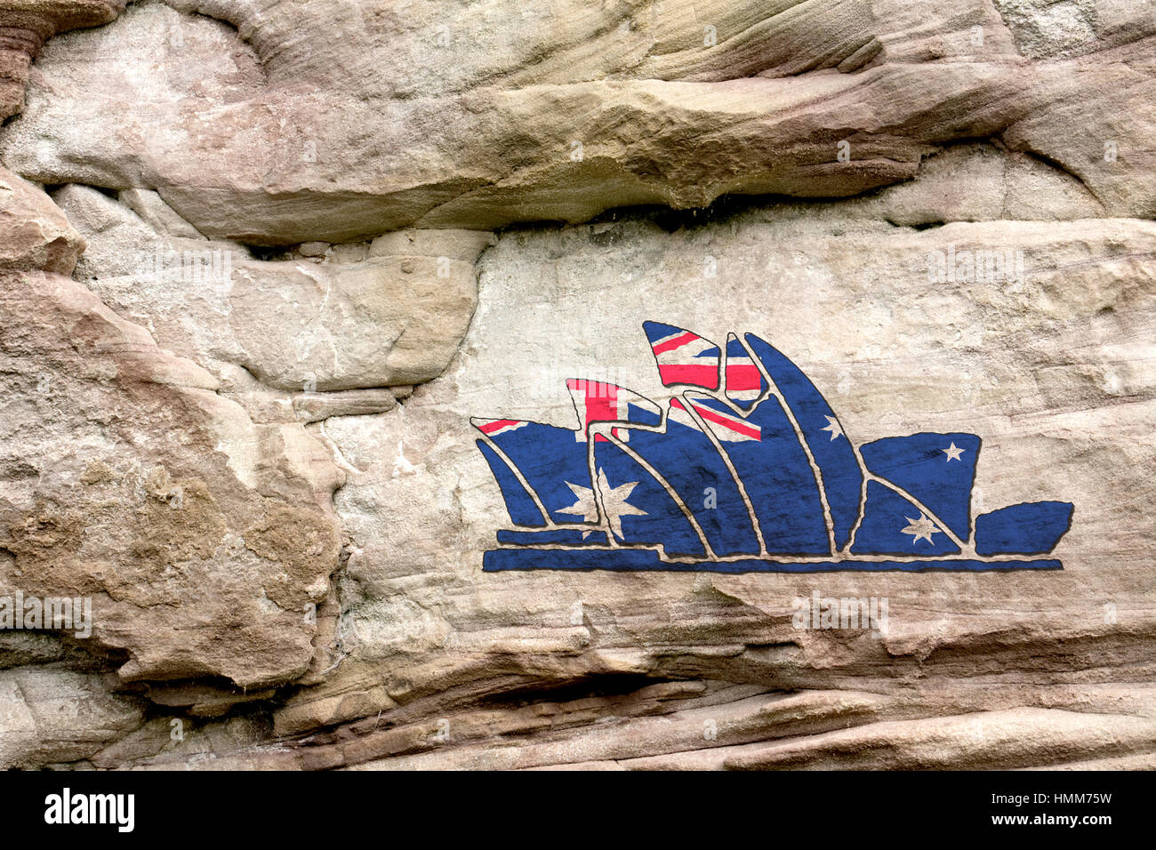 Bandiera di Australia entro il contorno della Sydney Opera House dipinta su una roccia di arenaria Foto Stock