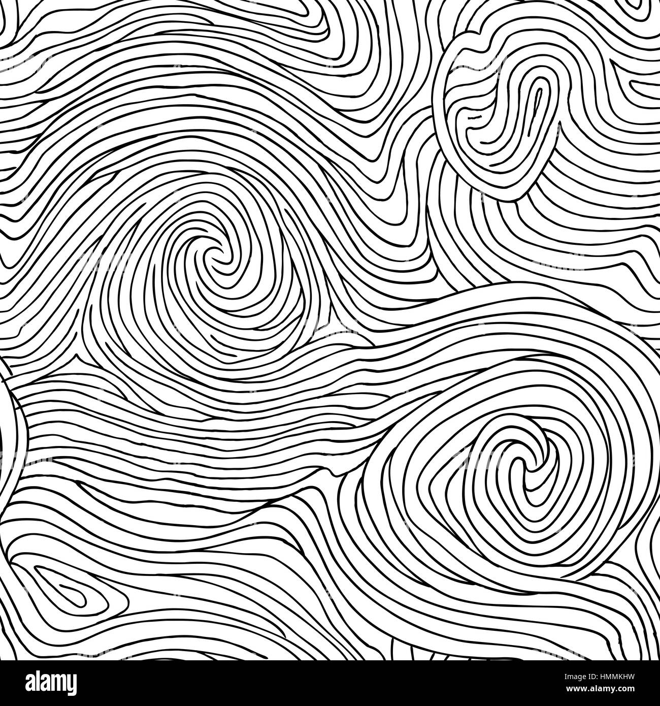 Abstract linea di turbolenza doodle seamless pattern. onda in legno texture. nero e sfondo bianco Illustrazione Vettoriale