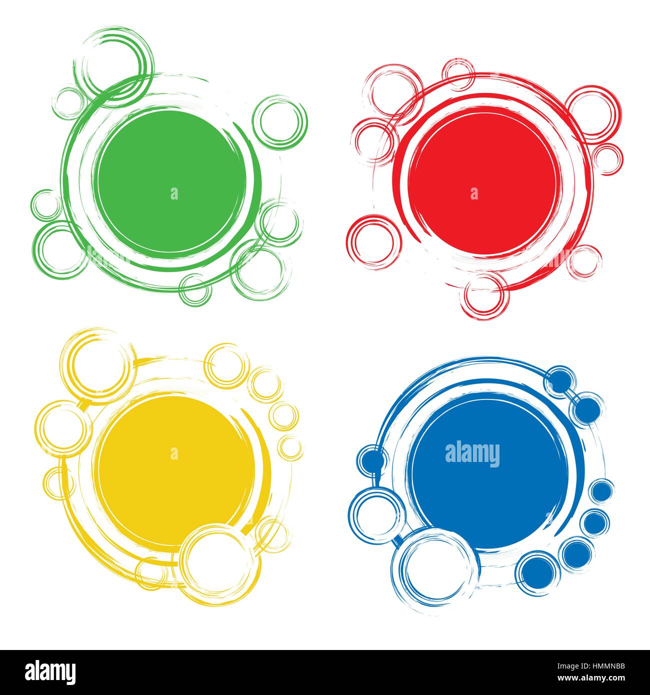 Set di badge colorati con cerchi astratta. Un grande cerchio al centro e alcuni piccoli anelli intorno a esso. Modello per convenienti promozioni, infogra Illustrazione Vettoriale