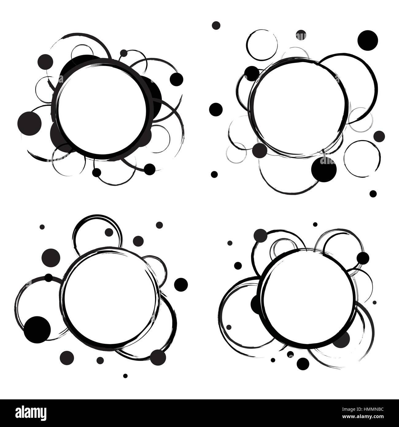 I badge con cerchi astratto isolato su bianco. Un grande cerchio al centro e alcuni piccoli anelli intorno a esso. Impostare per convenienti promozioni, infographi Illustrazione Vettoriale