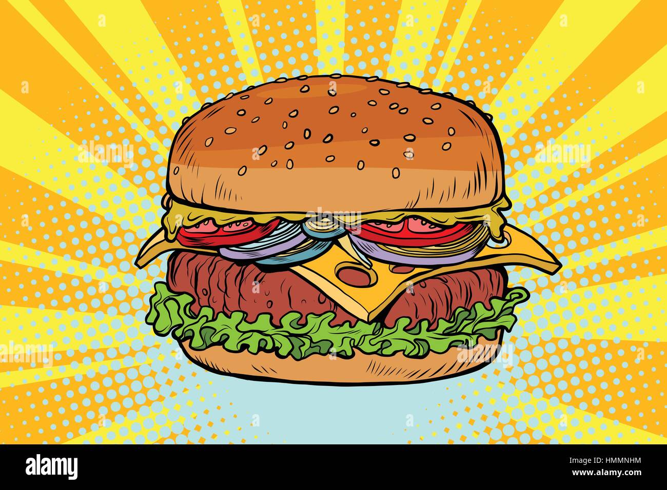 Retrò succosa deliziosi Burger con carne e insalata mista Illustrazione Vettoriale