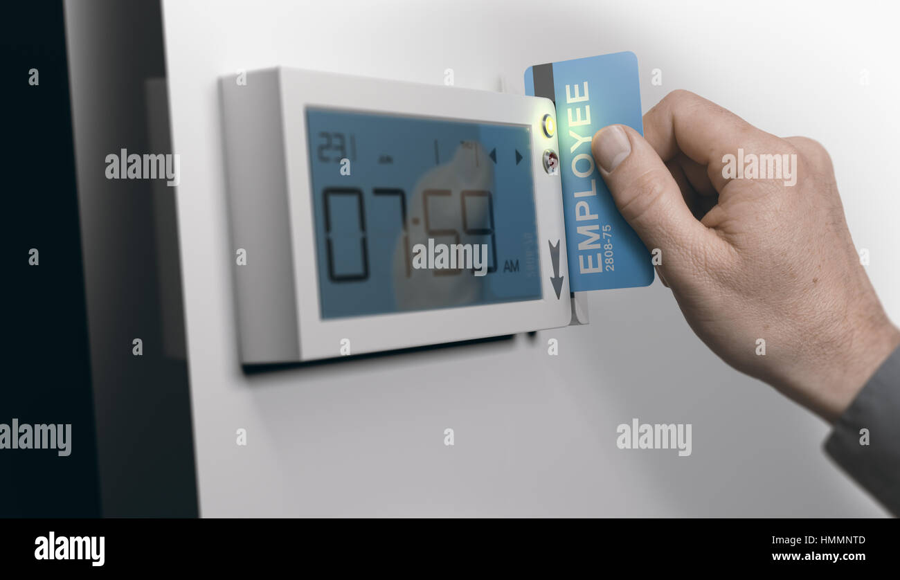 Dipendente swipe card personale a strisciare la scheda di sistema, l'immagine orizzontale. Concetto di puntualità al lavoro. Composite tra un'immagine e un 3D sfondo Foto Stock