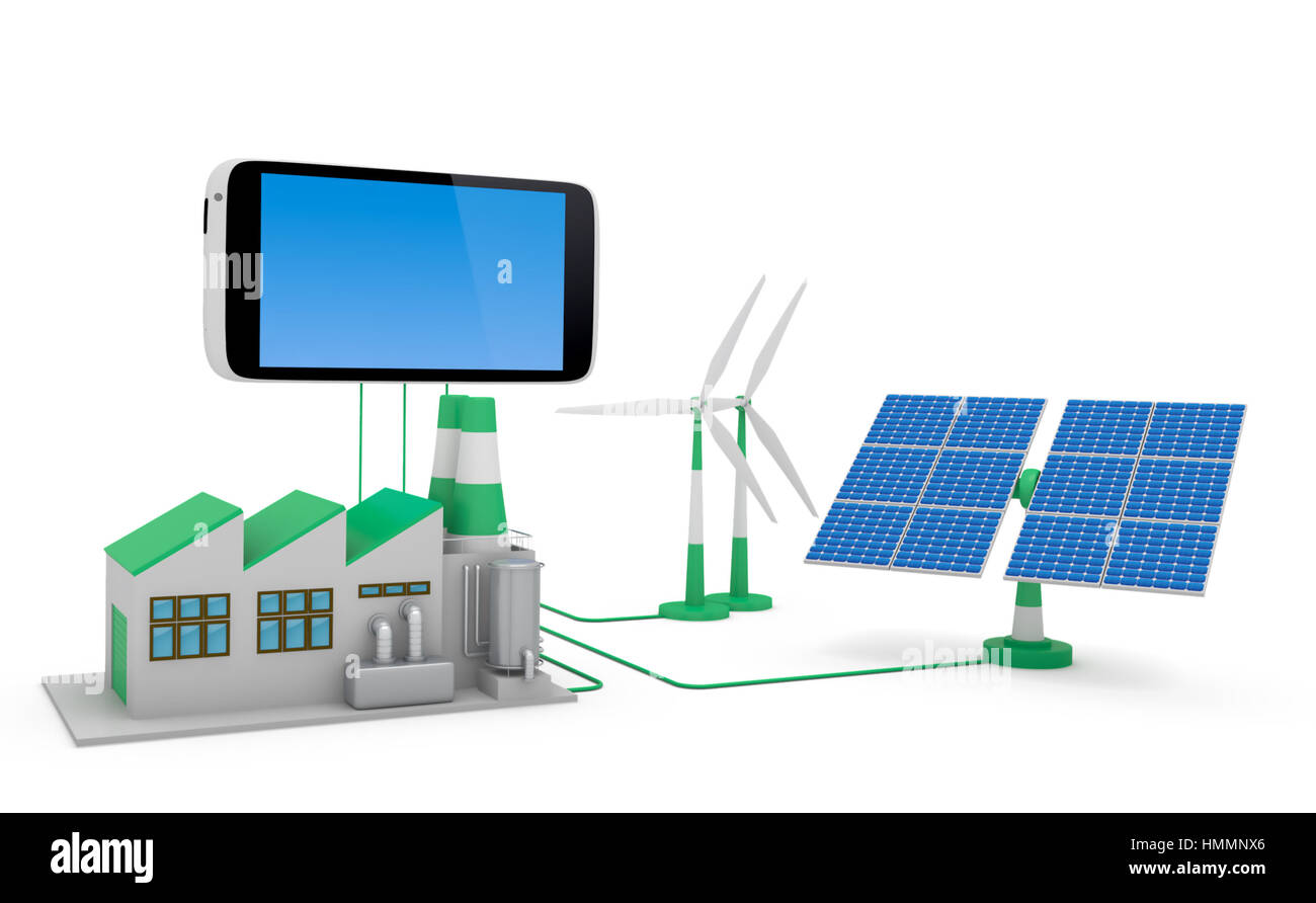 Ecofriendly concetto. Green factory, turbina eolica e solare pannello collegato allo smartphone isolati su sfondo bianco. Foto Stock