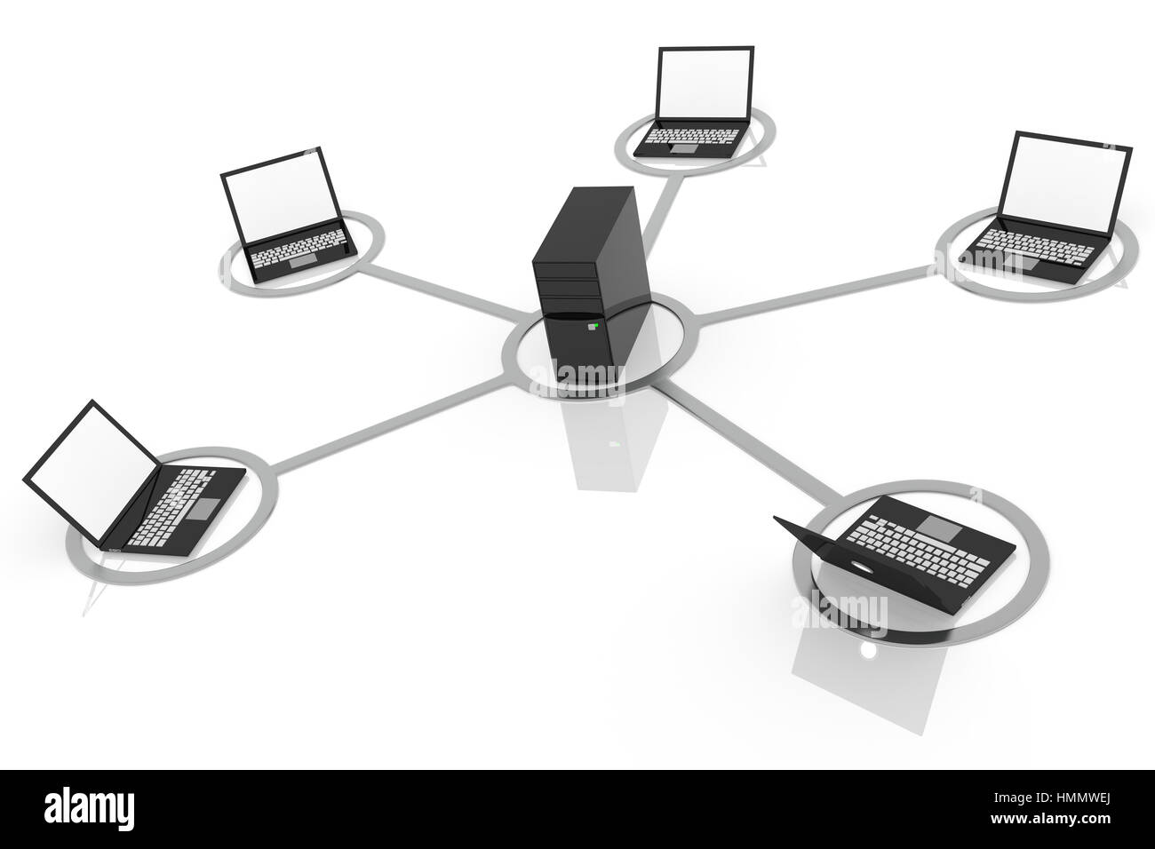 Immagine 3D di laptop collegati in rete con il server Foto Stock