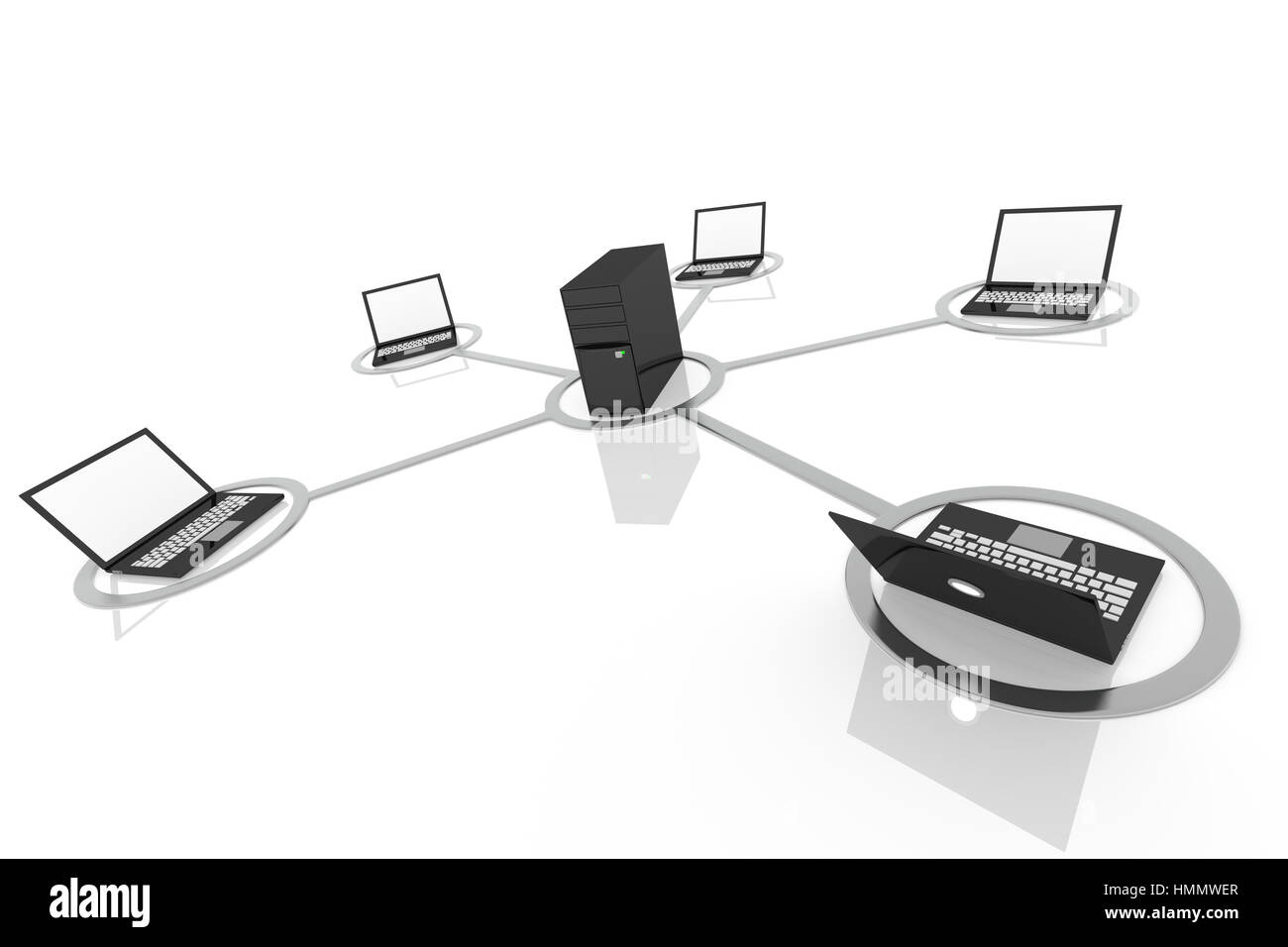 Immagine 3D di laptop collegati in rete con il server Foto Stock