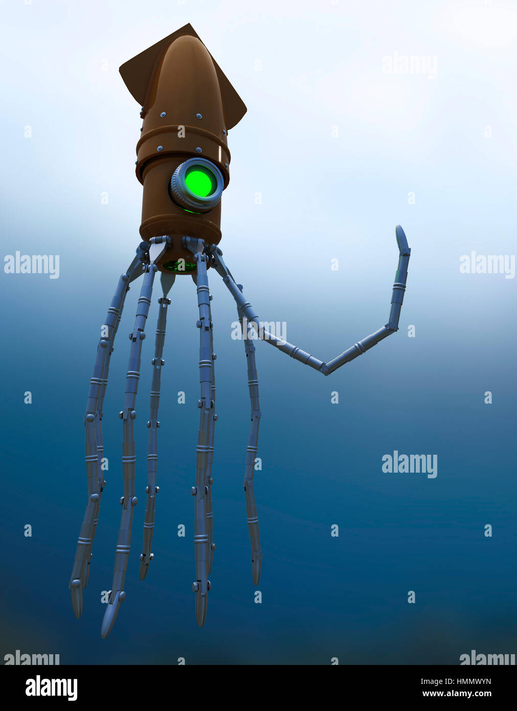 Steampunk calamari meccanica subacquei con Lente incandescente Foto Stock