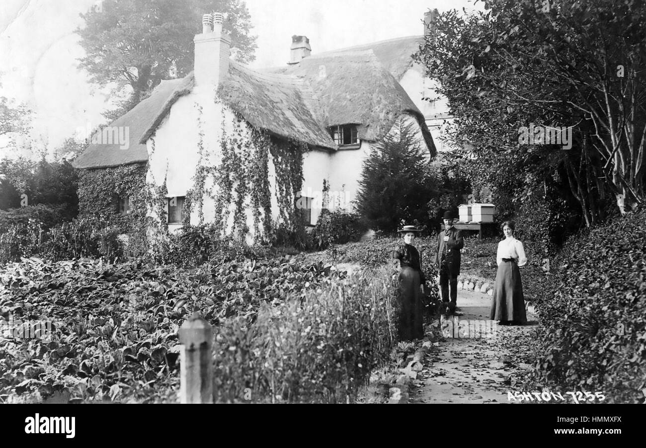 MARSTON, DEVON cottage con il tetto di paglia con alveari in giardino su una cartolina 1905 Foto Stock