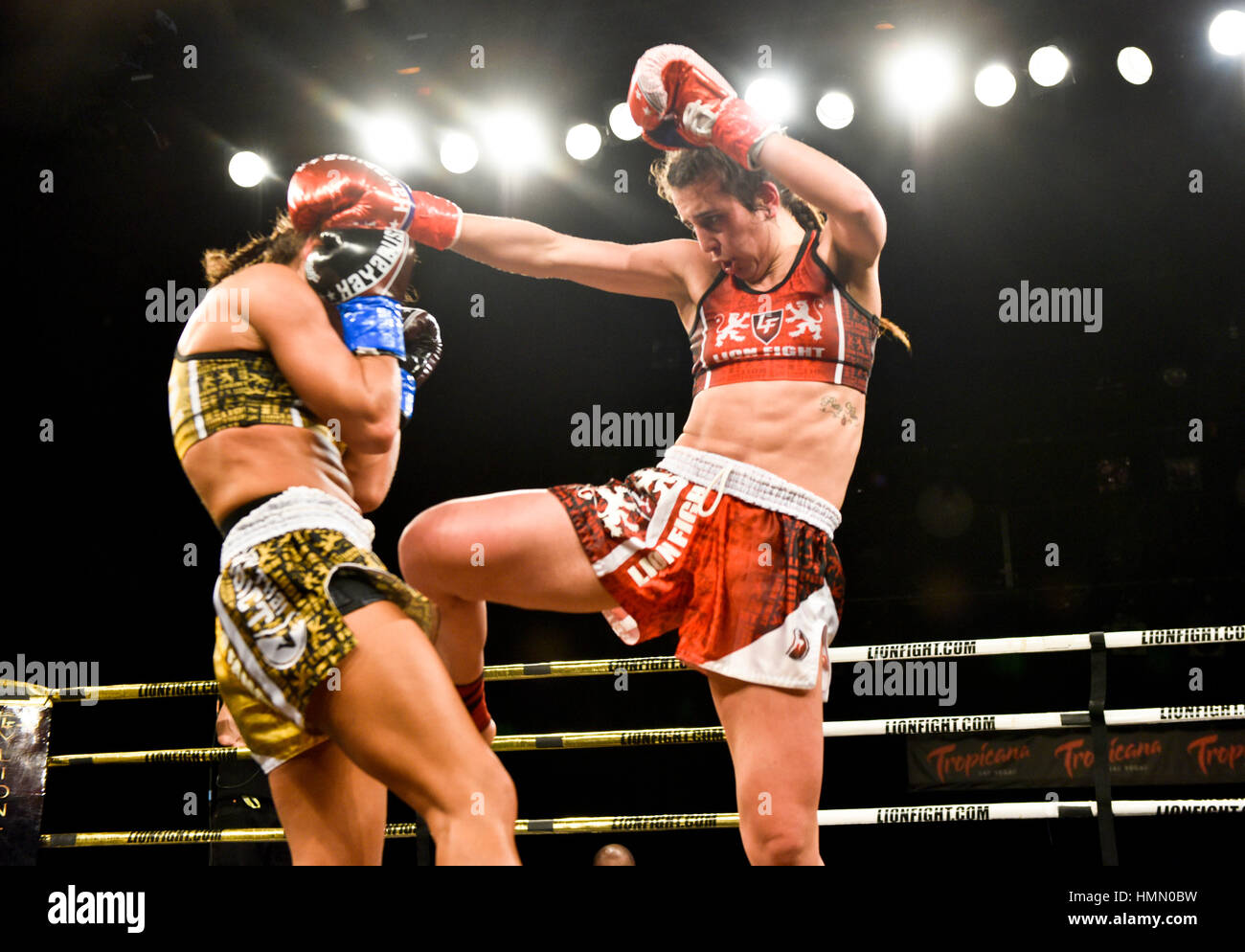 Las Vegas, Stati Uniti d'America. 03Feb, 2017. Las Vegas, Nevada, 3 febbraio 2017 - Lion lotta 34 presso il Tropicana Hotel and Casino - Iman "Pretty Killer" Barlow vs. Meryum "Mergen" Uslu - Lion lotta donna Super Peso gallo titolo - Photo credit: Ken Howard immagini Credito: Ken Howard/Alamy Live News Foto Stock