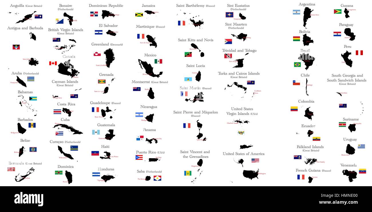 Paesi del Nord e del Sud America con le frontiere, bandiere e capitelli Illustrazione Vettoriale