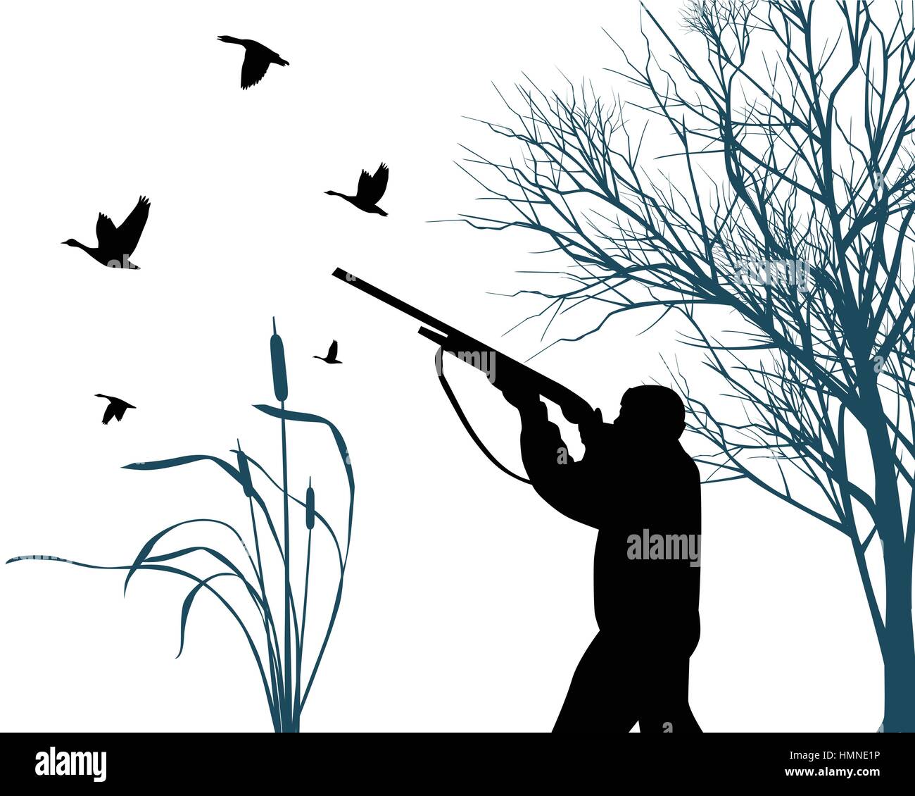 Cacciatore con l'arma, a caccia di uccelli selvatici Illustrazione Vettoriale