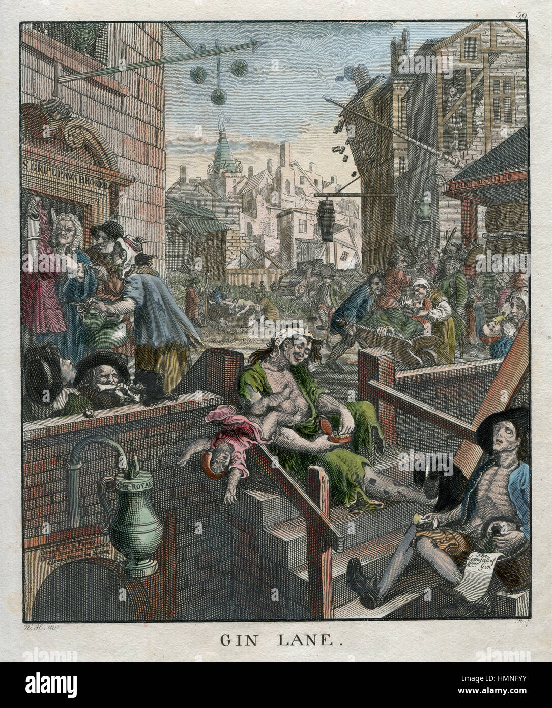 Città alcol Gin Royal - Gin Lane da William Hogarth 1751 Foto Stock