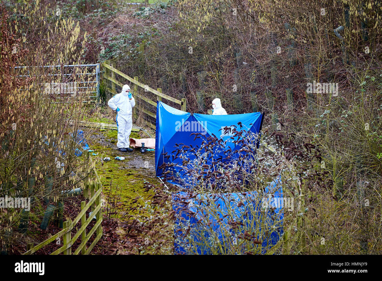 Gli ufficiali forensi indagare la scena in cui resti umani dove trovate. Una routine Thames Valley pattuglia di polizia ha reso il macabro trovare su una strada di slittamento tra la A404 e M40 Autostrada presso il comodo Cross rotonda. Foto Stock