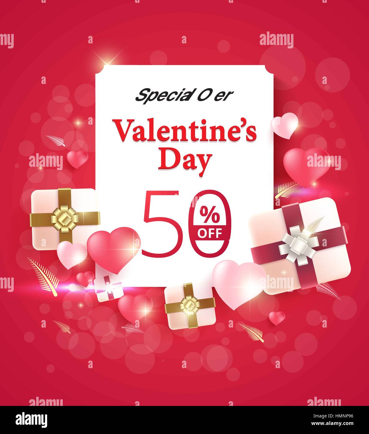 Il giorno di San Valentino offerta speciale 50% di sconto design su sfondo rosa e cuore elemento. vettore sfondo banner. Illustrazione Vettoriale